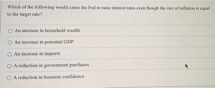 Which of the following would cause the Fed to raise interest rates even though the rate of inflation is equal
to the target rate?
An increase in household wealth
O An increase in potential GDP
O An increase in imports
O A reduction in government purchases
O A reduction in business confidence
