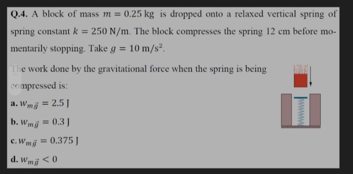 Q.4. A block of mass m = 0.25 kg is dropped onto a relaxed vertical spring of
spring constant k = 250 N/m. The block compresses the spring 12 cm before mo-
mentarily stopping. Take g = 10 m/s².
The work done by the gravitational force when the spring is being
compressed is:
a. Wmj = 2.5
%3D
b. Wmg = 0.3 J
c. Wmg
= 0.375 J
%D
d. Wmg <0
