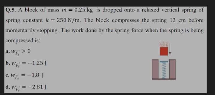 Q.5. A block of mass m = 0.25 kg is dropped onto a relaxed vertical spring of
spring constant k = 250 N/m. The block compresses the spring 12 cm before
momentarily stopping. The work done by the spring force when the spring is being
compressed is:
a. WE > 0
b. WF = -1.25J
%3D
c. WE = -1.8 J
d. WF = -2.81J
