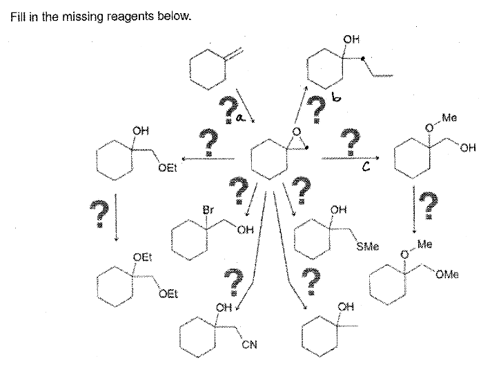 Fill in the missing reagents below.
OH
OE!
OET
Br
o
OEt
OH
CN
OH
OH
OH
C
SMe
0
o
O
?
Me
Me
OME
OH