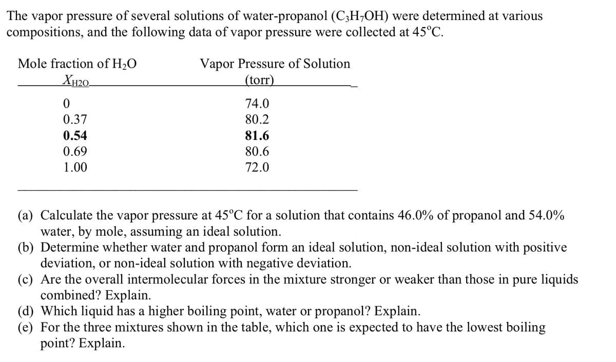 The vapor pressure of several solutions of water-propanol (C;H;OH) were determined at various
compositions, and the following data of vapor pressure were collected at 45°C.
Mole fraction of H2O
Vapor Pressure of Solution
(torr)
XH20-
74.0
0.37
80.2
0.54
81.6
0.69
80.6
1.00
72.0
(a) Calculate the vapor pressure at 45°C for a solution that contains 46.0% of propanol and 54.0%
water, by mole, assuming an ideal solution.
(b) Determine whether water and propanol form an ideal solution, non-ideal solution with positive
deviation, or non-ideal solution with negative deviation.
(c) Are the overall intermolecular forces in the mixture stronger or weaker than those in pure liquids
combined? Explain.
(d) Which liquid has a higher boiling point, water or propanol? Explain.
(e) For the three mixtures shown in the table, which one is expected to have the lowest boiling
point? Explain.
