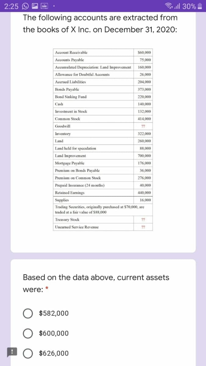 2:25 O
3 all 30%
The following accounts are extracted from
the books of X Inc. on December 31, 202O:
Account Receivable
$60,000
Accounts Payable
75,000
Accumulated Depreciation: Land Improvement
160,000
Allowance for Doubtful Accounts
26,000
Accrued Liabilities
204,000
Bonds Payable
373,000
Bond Sinking Fund
220,000
Cash
140,000
Investment in Stock
132,000
Common Stock
414,000
Goodwill
??
Inventory
322,000
Land
0,000
Land held for speculation
88,000
Land Improvement
700,000
Mortgage Payable
176,000
Premium on Bonds Payable
36,000
Premium on Common Stock
276,000
Prepaid Insurance (24 months)
40,000
Retained Eamings
440,000
Supplies
16,000
Trading Securities, originally purchased at $70,000, are
traded at a fair value of $88,000
Treasury Stock
??
Unearned Service Revenue
??
Based on the data above, current assets
were:
$582,000
$600,000
$626,000
