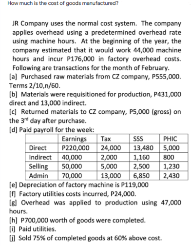 How much is the cost of goods manufactured?
JR Company uses the normal cost system. The company
applies overhead using a predetermined overhead rate
using machine hours. At the beginning of the year, the
company estimated that it would work 44,000 machine
hours and incur P176,000 in factory overhead costs.
Following are transactions for the month of February.
[a] Purchased raw materials from CZ company, P555,000.
Terms 2/10,n/60.
(b] Materials were requisitioned for production, P431,000
direct and 13,000 indirect.
[c] Returned materials to CZ company, P5,000 (gross) on
the 3rd day after purchase.
[d] Paid payroll for the week:
PHIC
13,480 5,000
Earnings
Тах
SS
Direct
P220,000 24,000
Indirect 40,000
Selling
Admin
[e] Depreciation of factory machine is P119,000
(f) Factory utilities costs incurred, P24,000.
(8] Overhead was applied to production using 47,000
800
2,000
5,000
1,160
2,500
50,000
1,230
70,000
13,000
6,850
2,430
hours.
[h] P700,000 worth of goods were completed.
(i) Paid utilities.
G) Sold 75% of completed goods at 60% above cost.
