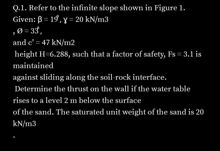 Q.1. Refer to the infinite slope shown in Figure 1.
Given: B= 19, y = 20 kN/m3
,Ø = 33,
and c' = 47 kN/m2
height H=6.288, such that a factor of safety, Fs = 3.1 is
maintained
against sliding along the soil-rock interface.
Determine the thrust on the wall if the water table
rises to a level 2 m below the surface
of the sand. The saturated unit weight of the sand is 20
kN/m3
