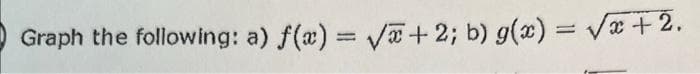 Graph the following: a) f(x)=√x+2; b) g(x)=√x + 2.