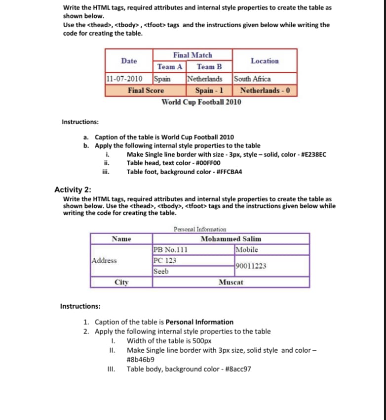 Write the HTML tags, required attributes and internal style properties to create the table as
shown below.
Use the <thead>, <tbody> , <tfoot> tags and the instructions given below while writing the
code for creating the table.
Final Match
Date
Location
Team A
Team B
11-07-2010
Spain
Netherlands
South Africa
Final Score
Spain - 1
Netherlands - 0
World Cup Football 2010
Instructions:
a. Caption of the table is World Cup Football 2010
b. Apply the following internal style properties to the table
i.
ii.
iii.
Make Single line border with size - 3px, style – solid, color - #E238EC
Table head, text color - #00FF00
Table foot, background color - #FFCBA4
Activity 2:
Write the HTML tags, required attributes and internal style properties to create the table as
shown below. Use the <thead>, <tbody>, <tfoot> tags and the instructions given below while
writing the code for creating the table.
Personal Information
Mohammed Salim
|Mobile
Name
PB No.111
PC 123
Seeb
Address
90011223
City
Muscat
Instructions:
1. Caption of the table is Personal Information
2. Apply the following internal style properties to the table
Width of the table is 500px
II. Make Single line border with 3px size, solid style and color –
I.
#8b46b9
II. Table body, background color - #8acc97
