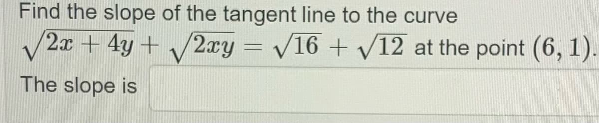 Find the slope of the tangent line to the curve
(2x + 4y+ 2xy = V16 + V12 at the point (6, 1).
The slope is
