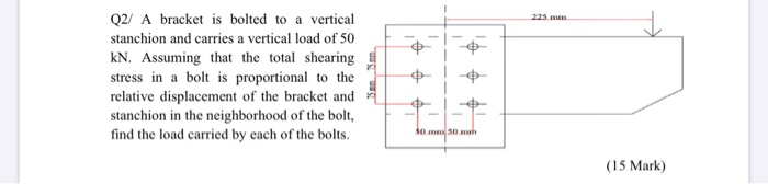 Q2/ A bracket is bolted to a vertical
225 mm
stanchion and carries a vertical load of 50
kN. Assuming that the total shearing
stress in a bolt is proportional to the
relative displacement of the bracket and A
stanchion in the neighborhood of the bolt,
find the load carried by each of the bolts.
3o mm 50 mah
(15 Mark)
5 mm 75 mm.
