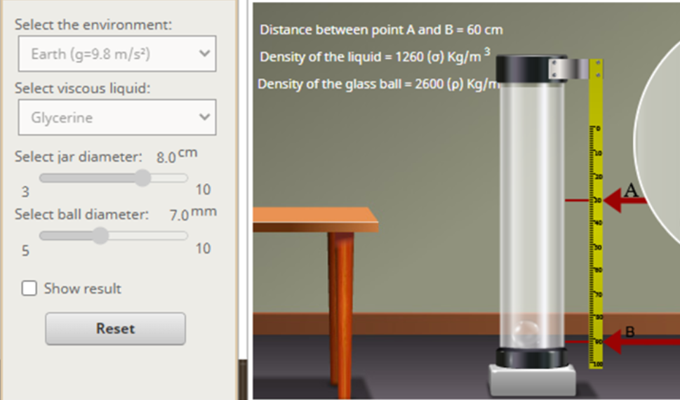 Select the environment:
Distance between point A and B = 60 cm
Earth (g=9.8 m/s)
Density of the liquid = 1260 (0) Kg/m ³
Select viscous liquid:
Density of the glass ball = 2600 (p) Kg/n
Glycerine
Select jar diameter: 8.0 cm
3
10
Select ball diameter:
7.0 mm
5
10
Show result
Reset
