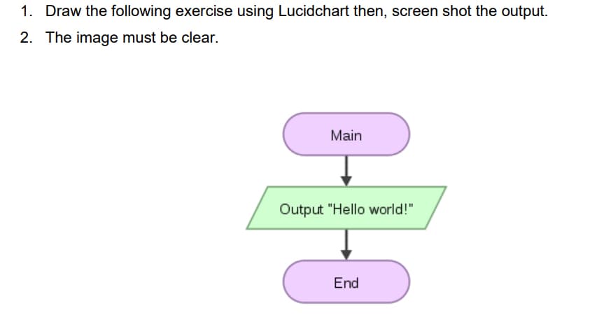 1. Draw the following exercise using Lucidchart then, screen shot the output.
2. The image must be clear.
Main
Output "Hello world!"
End

