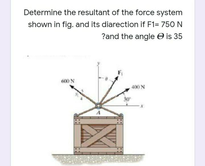 Determine the resultant of the force system
shown in fig. and its diarection if F1= 750 N
?and the angle e is 35
600 N
400 N
30
