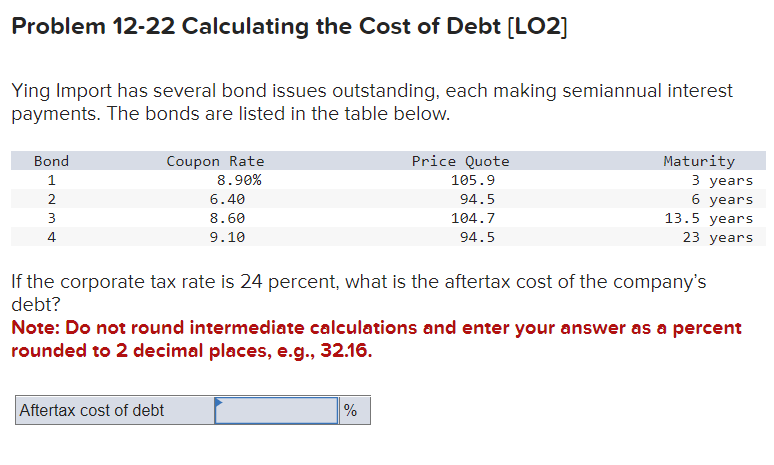 Problem 12-22 Calculating the Cost of Debt [LO2]
Ying Import has several bond issues outstanding, each making semiannual interest
payments. The bonds are listed in the table below.
Bond
1
2
3
Coupon Rate
8.90%
Aftertax cost of debt
6.40
8.60
9.10
Price Quote
105.9
94.5
%
104.7
94.5
If the corporate tax rate is 24 percent, what is the aftertax cost of the company's
debt?
Note: Do not round intermediate calculations and enter your answer as a percent
rounded to 2 decimal places, e.g., 32.16.
Maturity
3 years
6 years
13.5 years
23 years