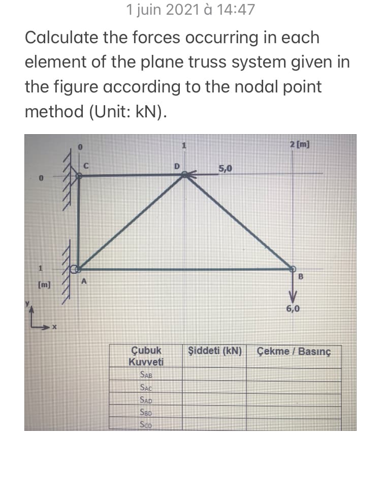1 juin 2021 à 14:47
Calculate the forces occurring in each
element of the plane truss system given in
the figure according to the nodal point
method (Unit: kN).
2 [m]
D
5,0
[m]
6,0
Çubuk
Kuvveti
Şiddeti (kN)
Çekme / Basınç
SAB
SAC
SAD
SBD
ScD
