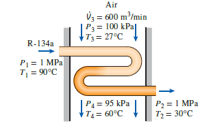 Air
Ú3 = 600 m/min
P3 = 100 kPa|
+T3 = 27°C
R-134a
P1 = 1 MPa
T = 90°C
P4 = 95 kPa
T4= 60°C
P2 = 1 MPa
T2 = 30°C
