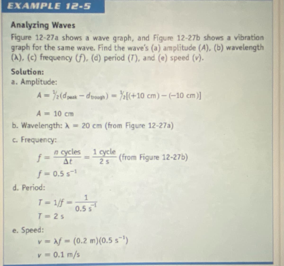 EXAMPLE 12-5
Analyzing Waves
Figure 12-27a shows a wave graph, and Figure 12-27b shows a vibration
graph for the same wave. Find the wave's (a) amplitude (A), (b) wavelength
(A), (c) frequency (f). (d) period (T), and (e) speed (v).
Solution:
a. Amplitude:
A = 2(dpeak - duough) = [(+10 cm)-(-10 cm)]
A = 10 cm
%3D
b. Wavelength: A = 20 cm (from Figure 12-27a)
c. Frequency:
f%3D
n cycles 1 cycle
At
2s
(from Figure 12-27b)
%3D
f = 0.5 s
d. Period:
T= 1/f=
0.5 s
%3D
T 2 s
e. Speed:
v = Af (0.2 m)(0.5 s)
v 0.1 m/s
