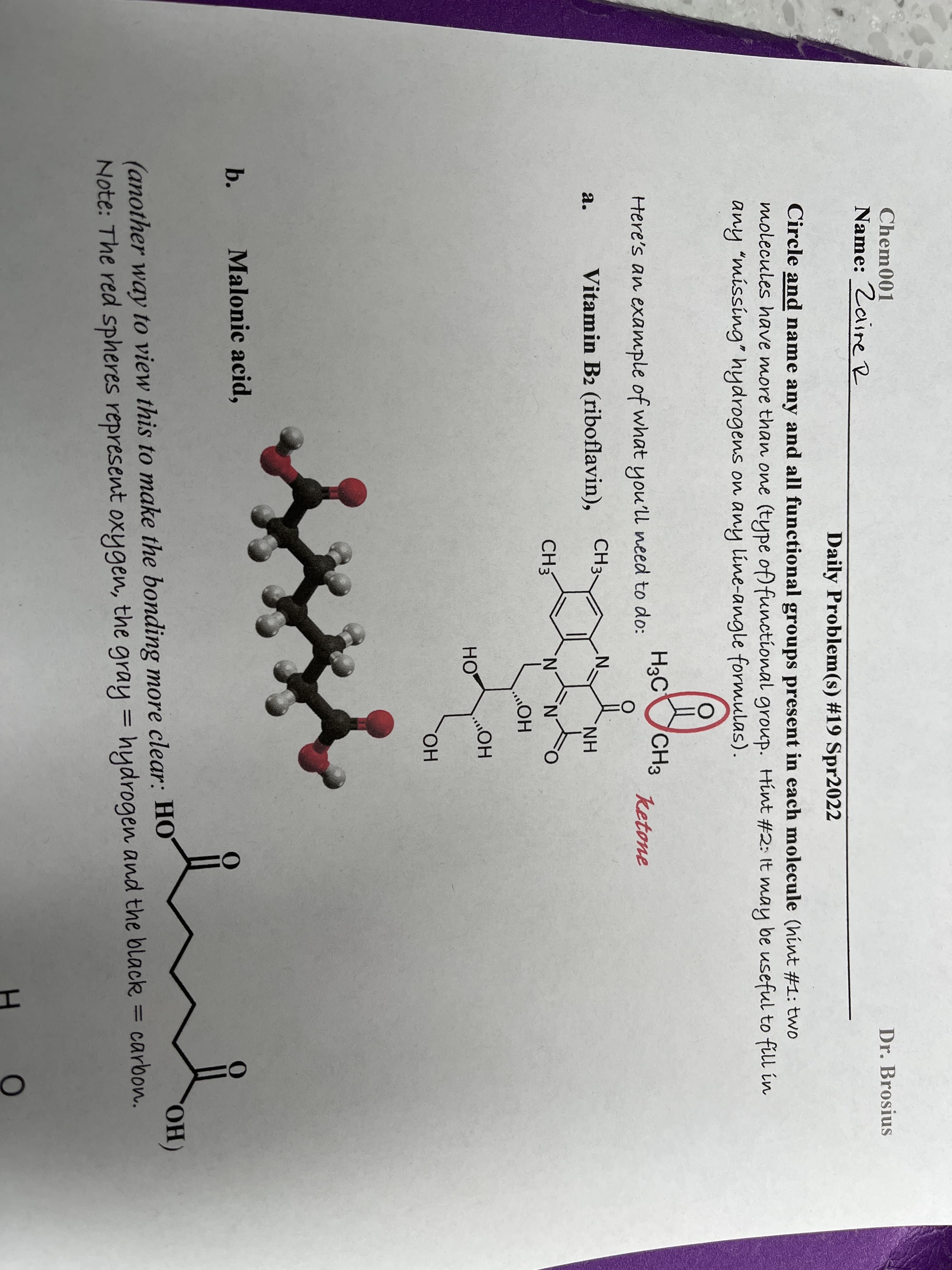 Chem001
Dr. Brosius
Name: Zaire R
Daily Problem(s) #19 Spr2022
Circle and name any and all functional groups present in each molecule (hint #1: two
molecules have more than one (type of) functional group. Hint #2: It may be useful to fill in
any "missing" hydrogens on any line-angle formulas).
H3C
CH3
Here's an exanmple of what you'll need to do:
ketone
Vitamin B2 (riboflavin),
CH3:
H.
а.
CH3
N.
N.
HO
HO
HO,
b.
Malonic acid,
OHO,
(another way to view this to make the bonding more clear: HO
Note: The red spheres represent oxygen, the gray = hydrogen and the black = carbon.
H.

