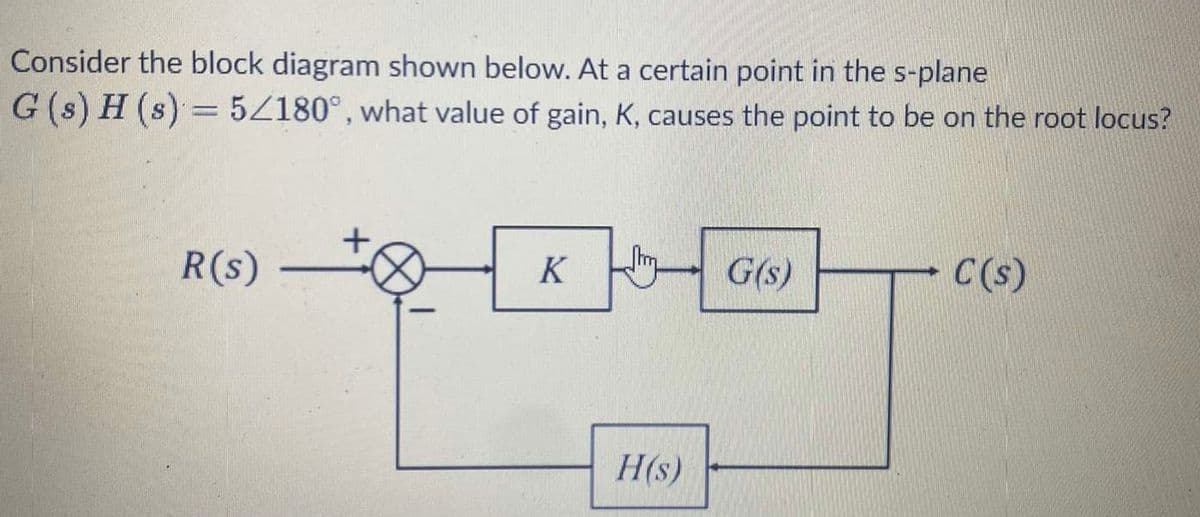 Consider the block diagram shown below. At a certain point in the s-plane
G(s) H (s) = 5Z180°, what value of gain, K, causes the point to be on the root locus?
R(s)
K
G(s)
C(s)
H(s)
