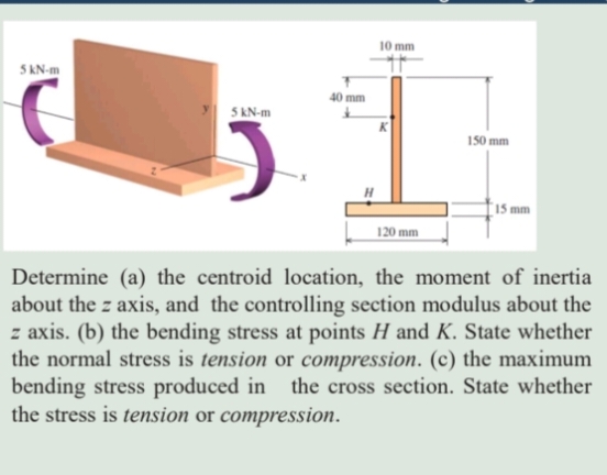 10 mm
5 KN-m
40 mm
5 KN-m
150 mm
15 mm
120 mm
Determine (a) the centroid location, the moment of inertia
about the z axis, and the controlling section modulus about the
z axis. (b) the bending stress at points H and K. State whether
the normal stress is tension or compression. (c) the maximum
bending stress produced in the cross section. State whether
the stress is tension or compression.
