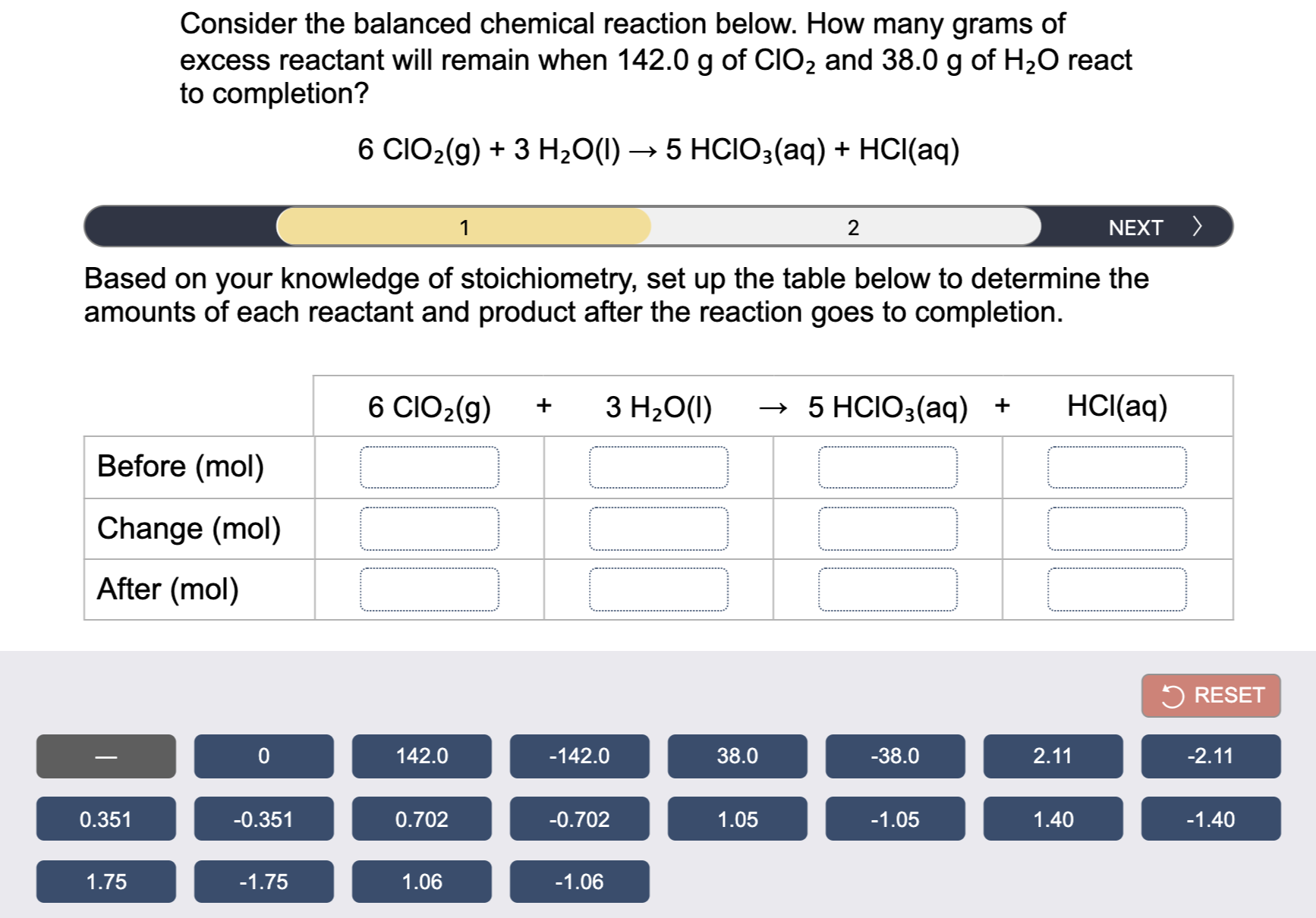 Consider the balanced chemical reaction below. How many grams of
excess reactant will remain when 142.0 g of CIO2 and 38.0 g of H20 react
to completion?
6 CIO2(g) + 3 H20(1) → 5 HCIO3(aq) + HCI(aq)
1
NEXT >
Based on your knowledge of stoichiometry, set up the table below to determine the
amounts of each reactant and product after the reaction goes to completion.
6 CIO2(g)
3 H20(1)
→ 5 HCIO3(aq) +
HCI(aq)
+
Before (mol)
Change (mol)
After (mol)
