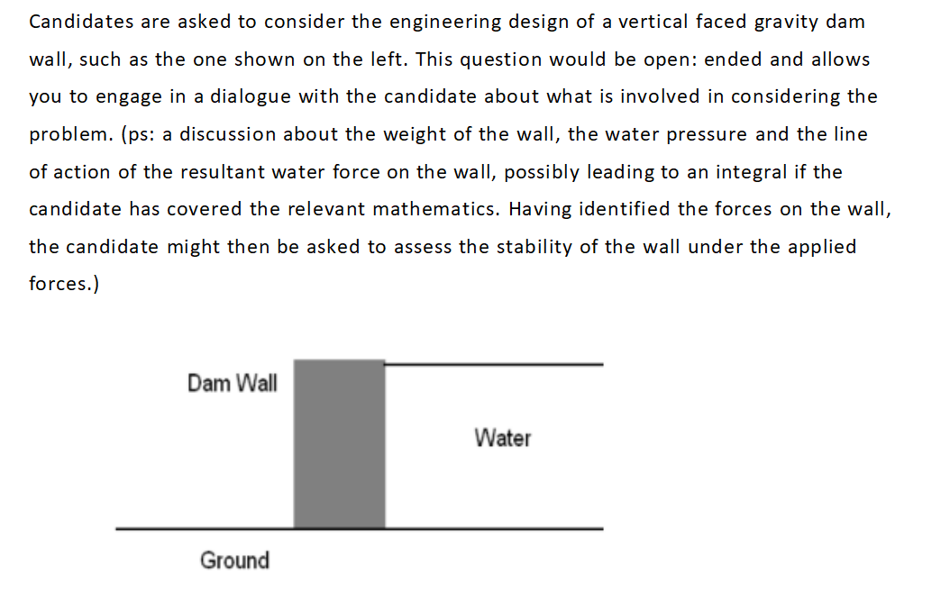Candidates are asked to consider the engineering design of a vertical faced gravity dam
wall, such as the one shown on the left. This question would be open: ended and allows
you to engage in a dialogue with the candidate about what is involved in considering the
problem. (ps: a discussion about the weight of the wall, the water pressure and the line
of action of the resultant water force on the wall, possibly leading to an integral if the
candidate has covered the relevant mathematics. Having identified the forces on the wall,
the candidate might then be asked to assess the stability of the wall under the applied
forces.)
Dam Wall
Ground
Water
