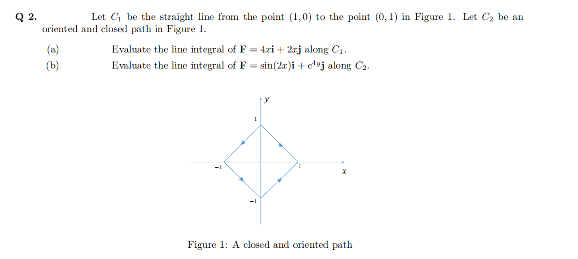 Q 2.
Let C₁ be the straight line from the point (1,0) to the point (0, 1) in Figure 1. Let C₂ be an
oriented and closed path in Figure 1.
(a)
(b)
Evaluate the line integral of F = 4xi + 2xj along C₁.
Evaluate the line integral of F = sin(2x)i + ej along C₂.
Figure 1: A closed and oriented path
