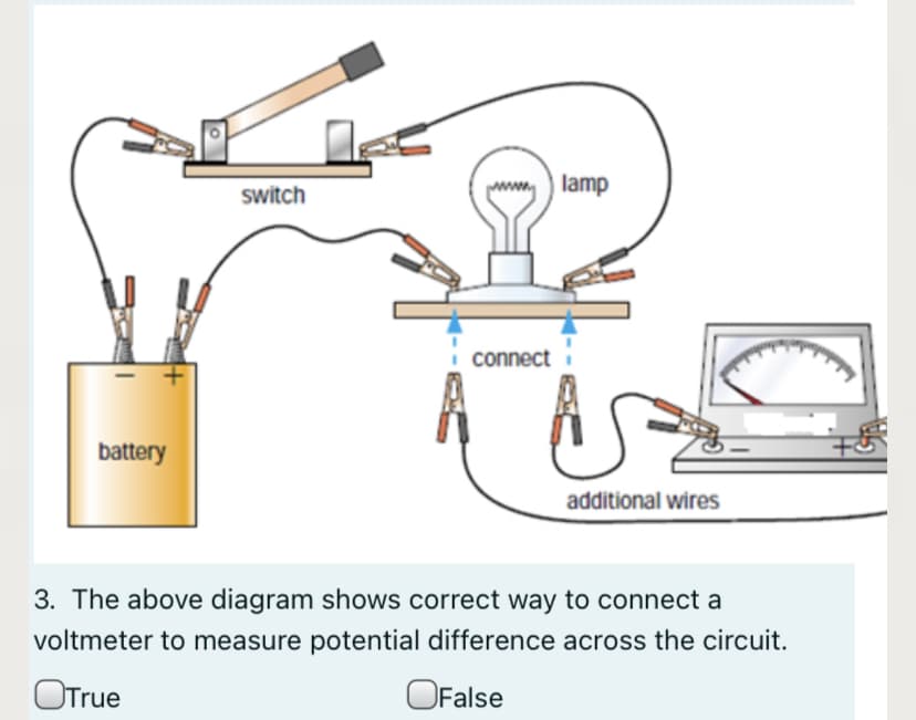 switch
wwww,
lamp
connect
battery
additional wires
3. The above diagram shows correct way to connect a
voltmeter to measure potential difference across the circuit.
OTrue
OFalse
