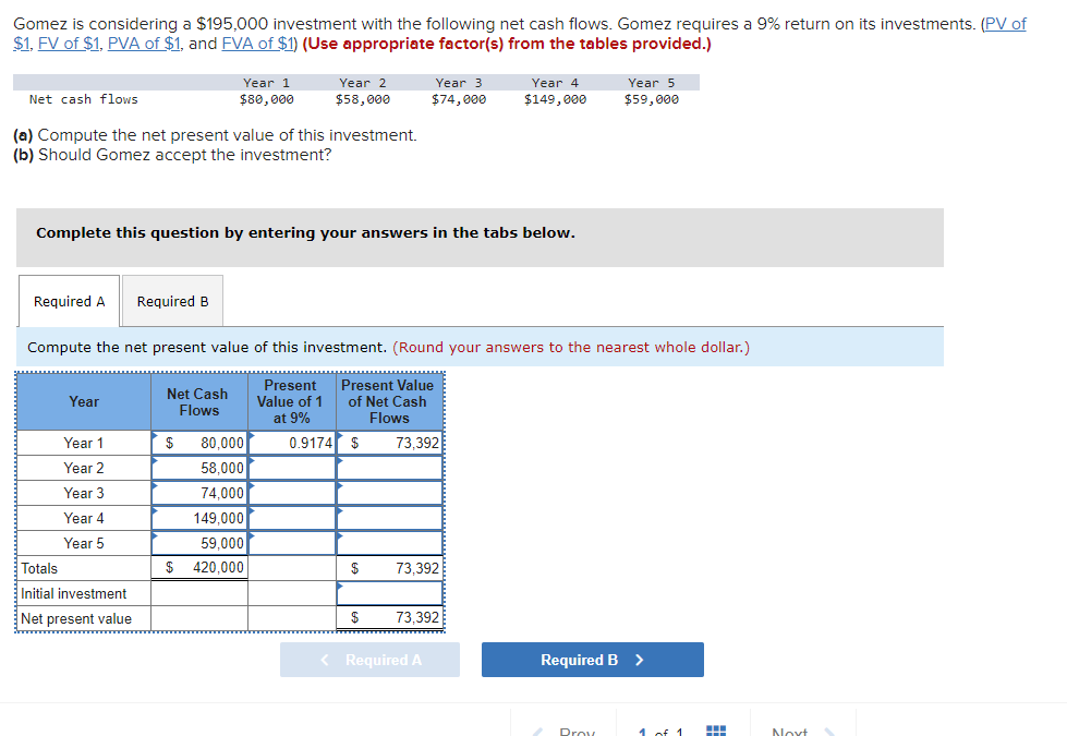 Gomez is considering a $195,000 investment with the following net cash flows. Gomez requires a 9% return on its investments. (PV of
$1, FV of $1, PVA of $1, and FVA of $1) (Use appropriate factor(s) from the tables provided.)
Year 3
Year 5
Year 1
$80,000
Year 2
$58,000
Year 4
$149,000
Net cash flows.
$74,000
$59,000
(a) Compute the net present value of this investment.
(b) Should Gomez accept the investment?
Complete this question by entering your answers in the tabs below.
Required A
Required B
Compute the net present value of this investment. (Round your answers to the nearest whole dollar.)
Present
Value of 1
Net Cash
Flows
Year
Present Value
of Net Cash
Flows
at 9%
Year 1
$
0.9174 $ 73,392
Year 2
Year 3
Year 4
Year 5
Totals
$
73,392
Initial investment
Net present value
$ 73,392
wwwwwwww
Required B >
Proy
80,000
58,000
74,000
149,000
59,000
$ 420,000
< Required A
1 of 1
H
Noxt