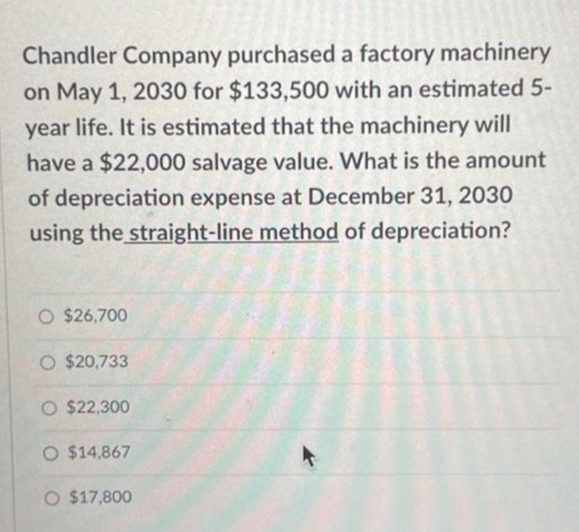 Chandler Company purchased a factory machinery
on May 1, 2030 for $133,500 with an estimated 5-
year life. It is estimated that the machinery will
have a $22,000 salvage value. What is the amount
of depreciation expense at December 31, 2030
using the straight-line method of depreciation?
O $26,700
O $20,733
O $22,300
O $14,867
O $17,800
