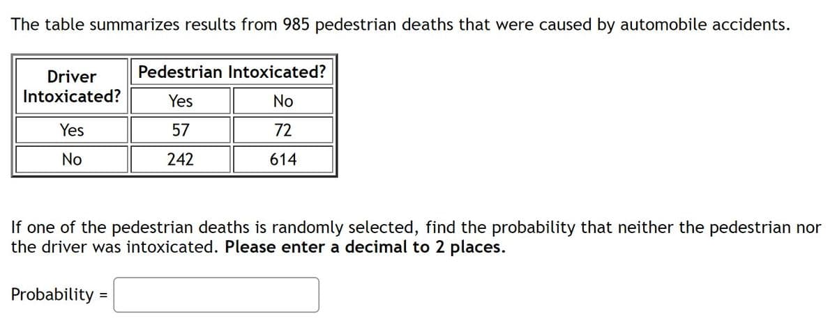 The table summarizes results from 985 pedestrian deaths that were caused by automobile accidents.
Driver
Pedestrian Intoxicated?
Intoxicated?
Yes
No
Yes
57
72
No
242
614
If one of the pedestrian deaths is randomly selected, find the probability that neither the pedestrian nor
the driver was intoxicated. Please enter a decimal to 2 places.
Probability =
