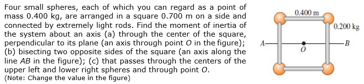 Four small spheres, each of which you can regard as a point of
mass 0.400 kg, are arranged in a square 0.700 m on a side and
connected by extremely light rods. Find the moment of inertia of
the system about an axis (a) through the center of the square,
perpendicular to its plane (an axis through point O in the figure);
(b) bisecting two opposite sides of the square (an axis along the
line AB in the figure); (c) that passes through the centers of the
upper left and lower right spheres and through point O.
(Note: Change the value in the figure)
0.400 m
0.200 kg
-B
