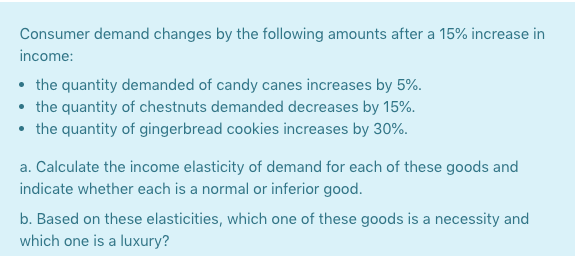 Consumer demand changes by the following amounts after a 15% increase in
income:
• the quantity demanded of candy canes increases by 5%.
• the quantity of chestnuts demanded decreases by 15%.
• the quantity of gingerbread cookies increases by 30%.
a. Calculate the income elasticity of demand for each of these goods and
indicate whether each is a normal or inferior good.
b. Based on these elasticities, which one of these goods is a necessity and
which one is a luxury?
