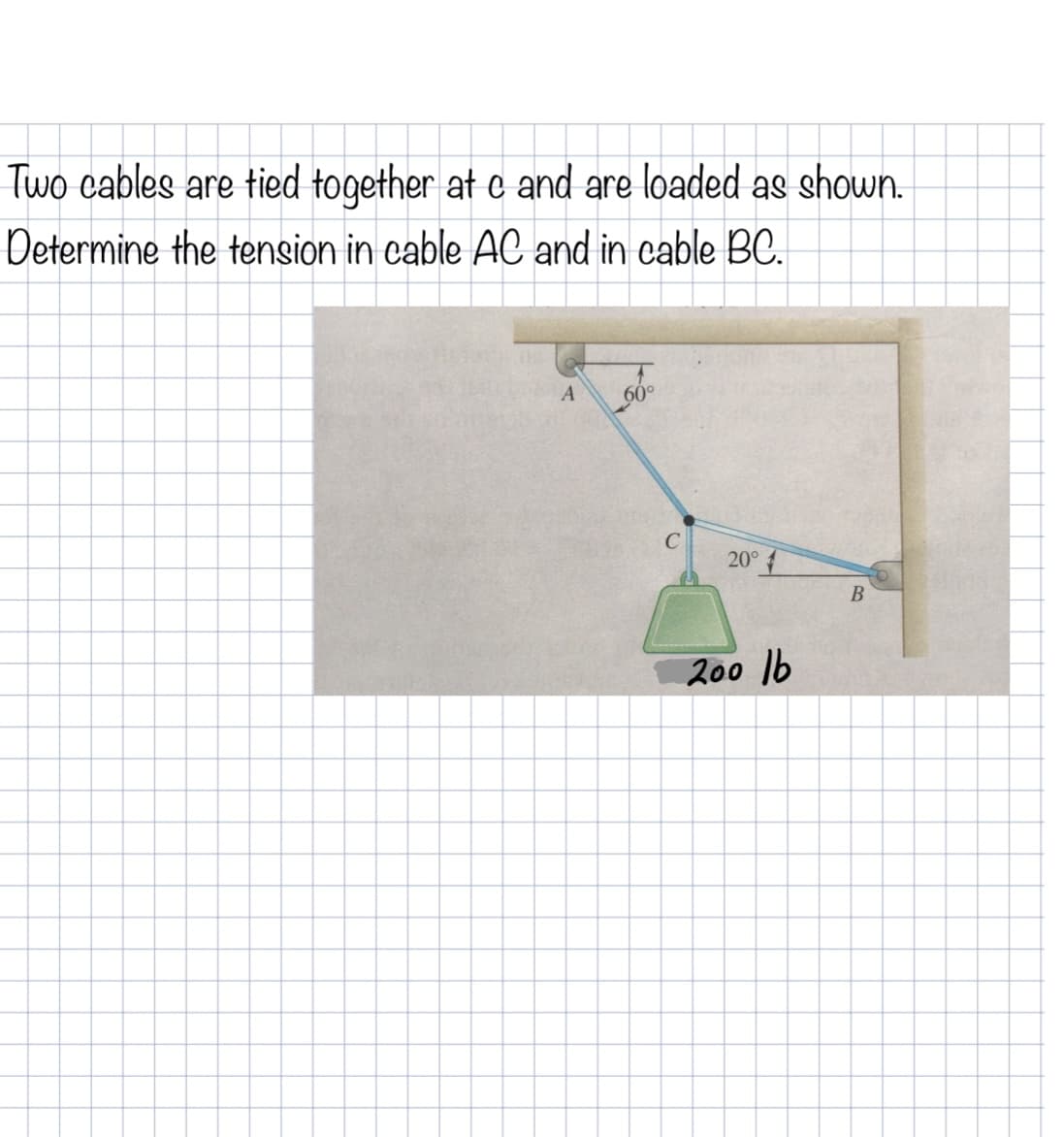 Two cables are tied together at e and are loaded as shown.
Determine the tension in cable AC and in cable BC.
A
60°
20°
200 Ib
B.
