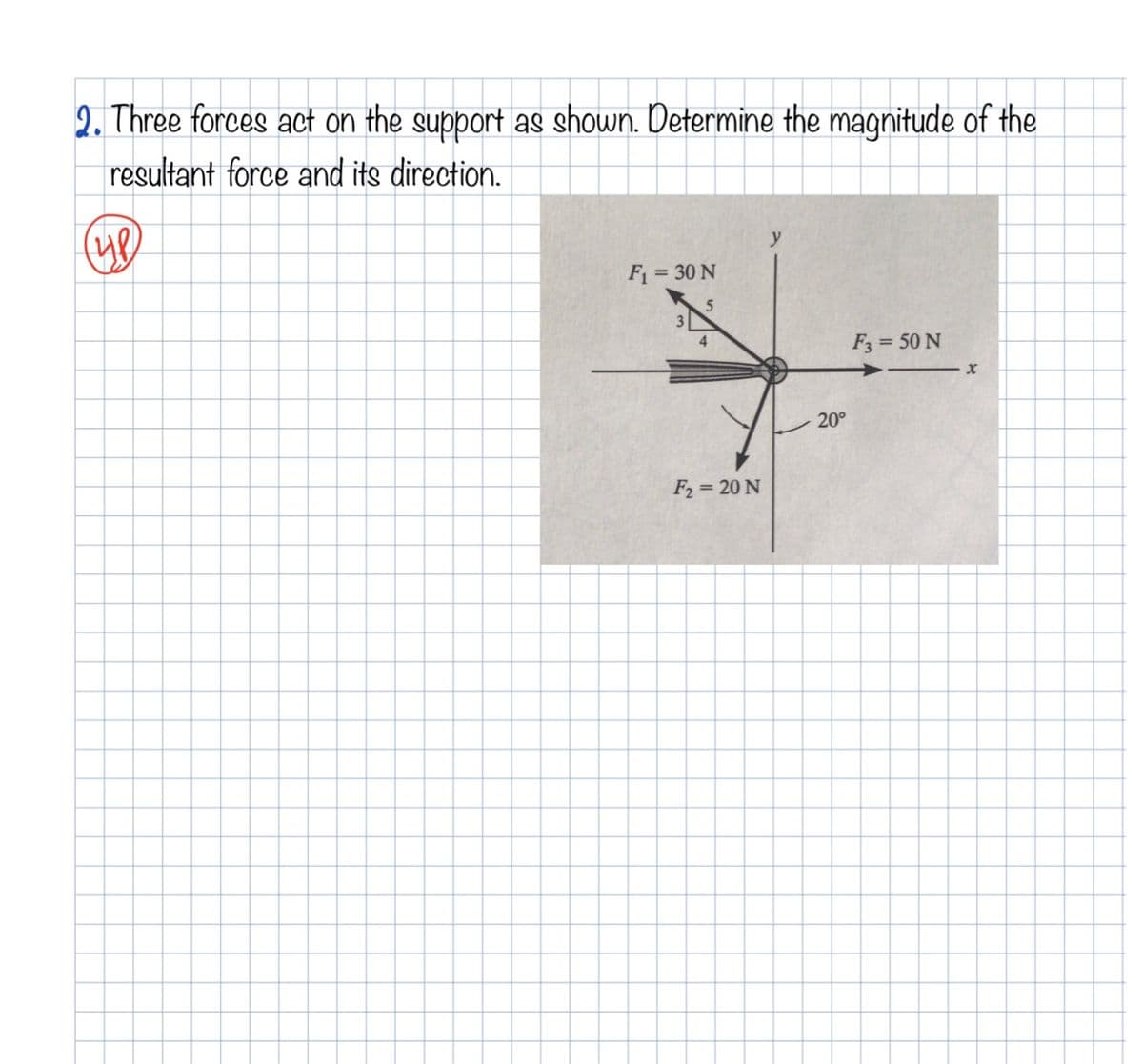 2. Three forces act on the support as shown. Determine the magnitude of the
resultant force and its direction.
y
F = 30 N
F3 = 50 N
20°
F2 = 20 N
