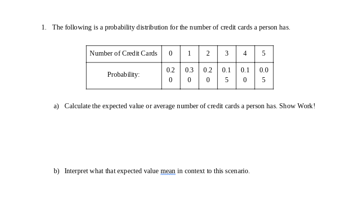 1. The following is a probability distribution for the number of credit cards a person has.
Number of Credit Cards 0 1
2
3
4
5
0.2 0.3
0.2
0.1
0.1
0.0
Probability:
5
a) Calculate the expected value or average number of credit cards a person has. Show Work!
b) Interpret what that expected value mean in context to this scenario.
