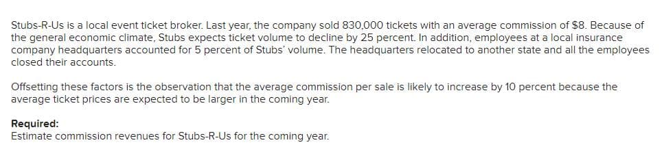 Stubs-R-Us is a local event ticket broker. Last year, the company sold 830,000 tickets with an average commission of $8. Because of
the general economic climate, Stubs expects ticket volume to decline by 25 percent. In addition, employees at a local insurance
company headquarters accounted for 5 percent of Stubs' volume. The headquarters relocated to another state and all the employees
closed their accounts.
Offsetting these factors is the observation that the average commission per sale is likely to increase by 10 percent because the
average ticket prices are expected to be larger in the coming year.
Required:
Estimate commission revenues for Stubs-R-Us for the coming year.
