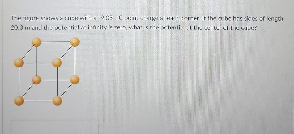 The figure shows a cube with a -9.08-nC point charge at each corner. If the cube has sides of length
20.3 m and the potential at infinity is zero, what is the potential at the center of the cube?