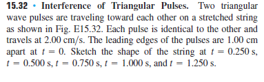 15.32 · Interference of Triangular Pulses. Two triangular
wave pulses are traveling toward each other on a stretched string
as shown in Fig. E15.32. Each pulse is identical to the other and
travels at 2.00 cm/s. The leading edges of the pulses are 1.00 cm
apart at t = 0. Sketch the shape of the string at t = 0.250 s,
t = 0.500 s, t = 0.750 s, t = 1.000 s, and t = 1.250 s.
