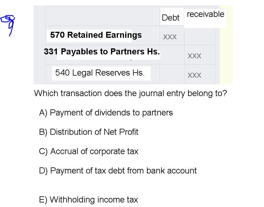 receivable
Debt
570 Retained Earnings
XXX
331 Payables to Partners Hs.
XXX
540 Legal Reserves Hs.
XXX
Which transaction does the journal entry belong to?
A) Payment of dividends to partners
B) Distribution of Net Profit
C) Accrual of corporate tax
D) Payment of tax debt from bank account
E) Withholding income tax

