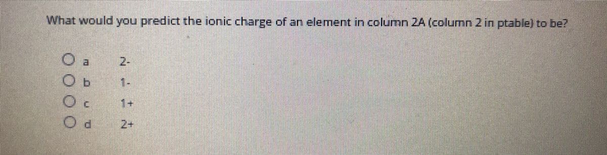 What would you predict the ionic charge of an element in column 2A (column 2 in ptable) to be?
2.
1+
2+
