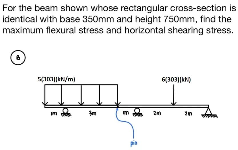 For the beam shown whose rectangular cross-section is
identical with base 350mm and height 750mm, find the
maximum flexural stress and horizontal shearing stress.
B
5(303)(kN/m)
im
3m
Im
pin
6(303) (kN)
2m
2m