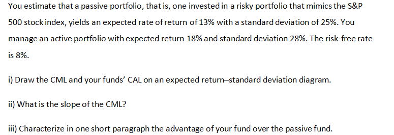You estimate that a passive portfolio, that is, one invested in a risky portfolio that mimics the S&P
500 stock index, yields an expected rate of return of 13% with a standard deviation of 25%. You
manage an active portfolio with expected return 18% and standard deviation 28%. The risk-free rate
is 8%.
i) Draw the CML and your funds' CAL on an expected return-standard deviation diagram.
ii) What is the slope of the CML?
iii) Characterize in one short paragraph the advantage of your fund over the passive fund.

