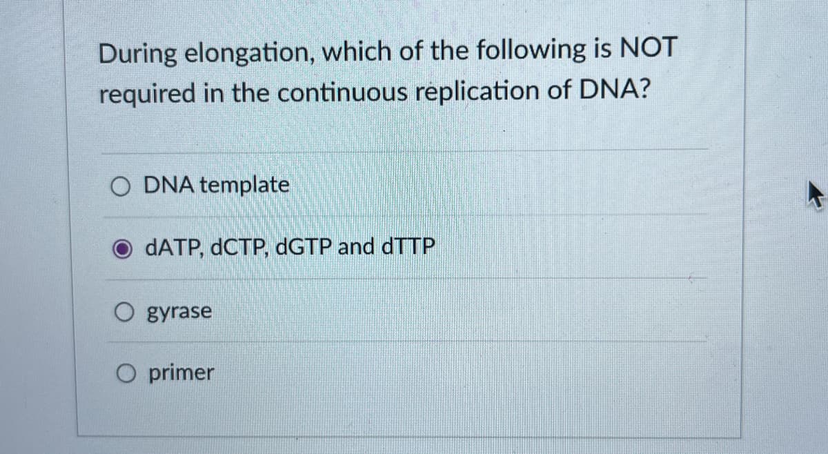 During elongation, which of the following is NOT
required in the continuous replication of DNA?
O DNA template
dATP, dCTP, dGTP and dTTP
O gyrase
primer