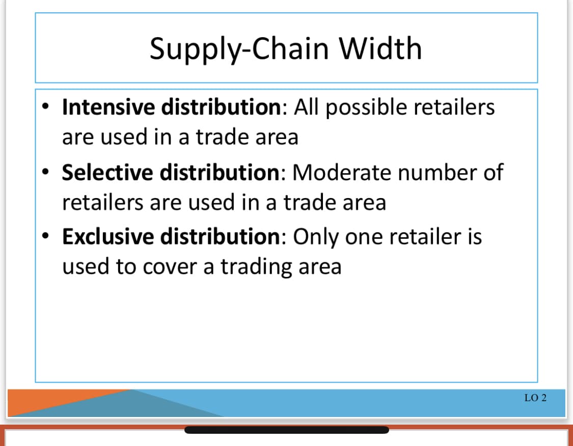 Supply-Chain Width
• Intensive distribution: All possible retailers
are used in a trade area
Selective distribution: Moderate number of
retailers are used in a trade area
Exclusive distribution: Only one retailer is
used to cover a trading area
LO 2
