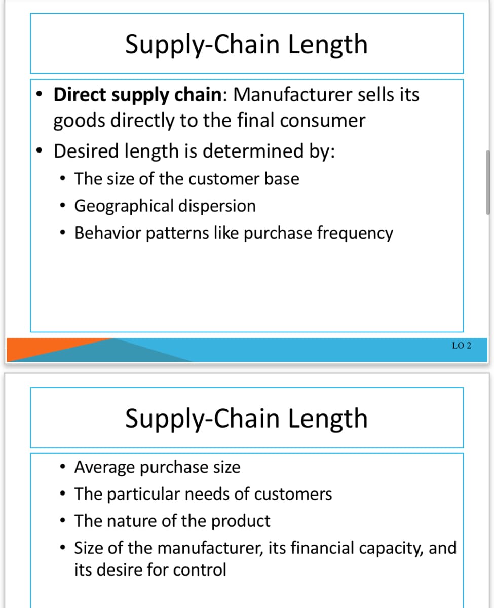 Supply-Chain Length
Direct supply chain: Manufacturer sells its
goods directly to the final consumer
• Desired length is determined by:
• The size of the customer base
Geographical dispersion
Behavior
atterns like purchase frequency
LO 2
Supply-Chain Length
• Average purchase size
• The particular needs of customers
The nature of the product
• Size of the manufacturer, its financial capacity, and
its desire for control
