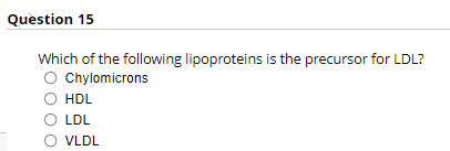 Question 15
Which of the following lipoproteins is the precursor for LDL?
O Chylomicrons
O HDL
O LDL
O VLDL