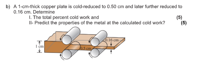 b) A 1-cm-thick copper plate is cold-reduced to 0.50 cm and later further reduced to
0.16 cm. Determine
I. The total percent cold work and
Il- Predict the properties of the metal at the calculated cold work?
(5)
(5)
0.16 cm-
I cm
0.5 cm
