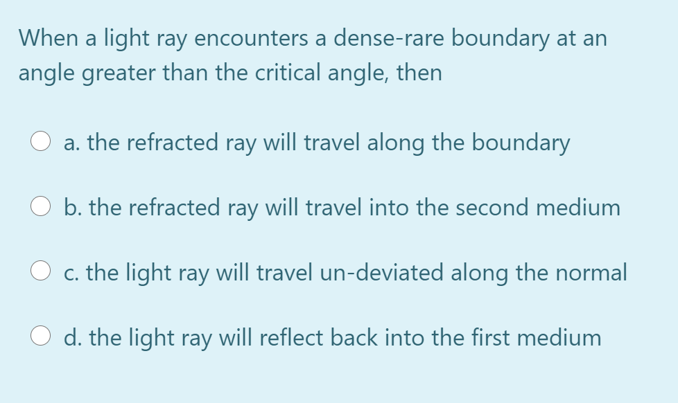 When a light ray encounters a dense-rare boundary at an
angle greater than the critical angle, then
a. the refracted ray will travel along the boundary
b. the refracted ray will travel into the second medium
c. the light ray will travel un-deviated along the normal
d. the light ray will reflect back into the first medium
