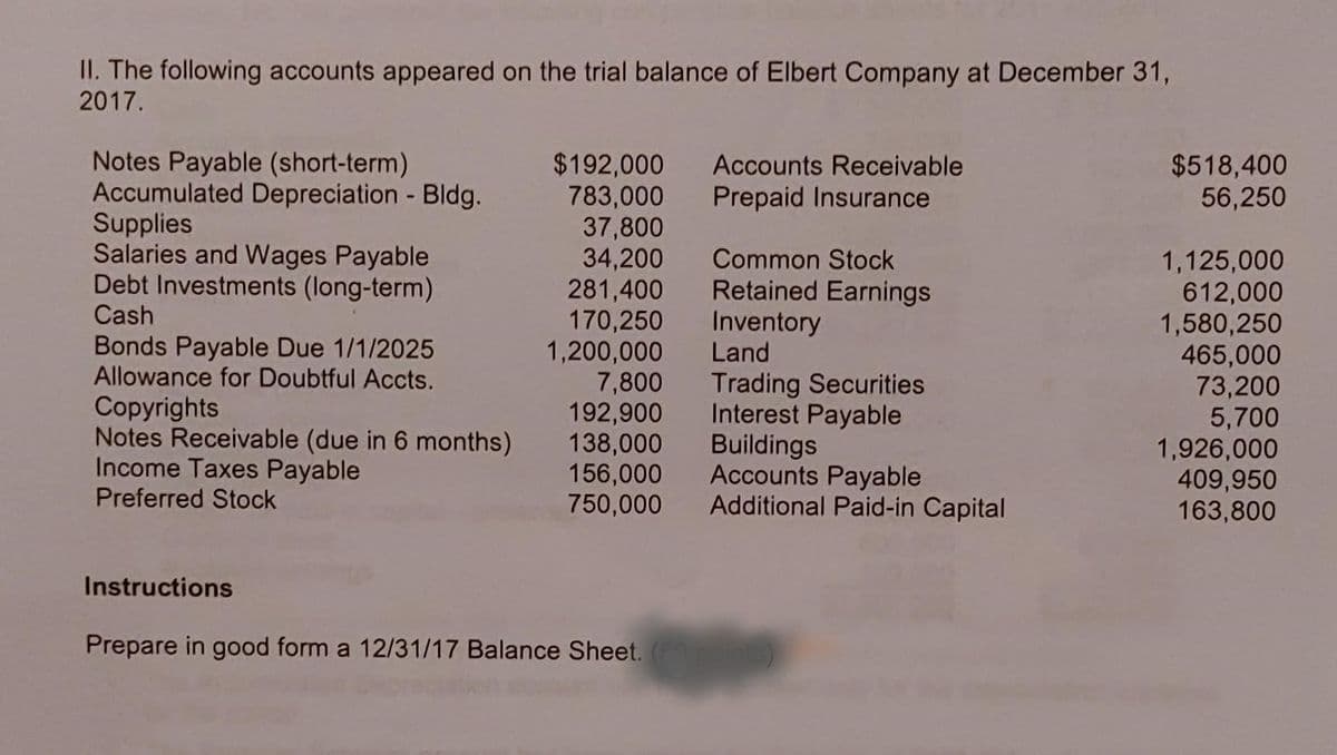 II. The following accounts appeared on the trial balance of Elbert Company at December 31,
2017.
Notes Payable (short-term)
Accumulated Depreciation - Bldg.
Supplies
Salaries and Wages Payable
Debt Investments (long-term)
Cash
$192,000
783,000
37,800
34,200
281,400
170,250
1,200,000
7,800
192,900
138,000
156,000
750,000
$518,400
56,250
Accounts Receivable
Prepaid Insurance
Common Stock
Retained Earnings
Inventory
Land
1,125,000
612,000
1,580,250
465,000
73,200
5,700
1,926,000
409,950
163,800
Bonds Payable Due 1/1/2025
Allowance for Doubtful Accts.
Copyrights
Notes Receivable (due in 6 months)
Income Taxes Payable
Preferred Stock
Trading Securities
Interest Payable
Buildings
Accounts Payable
Additional Paid-in Capital
Instructions
Prepare in good form a 12/31/17 Balance Sheet.
