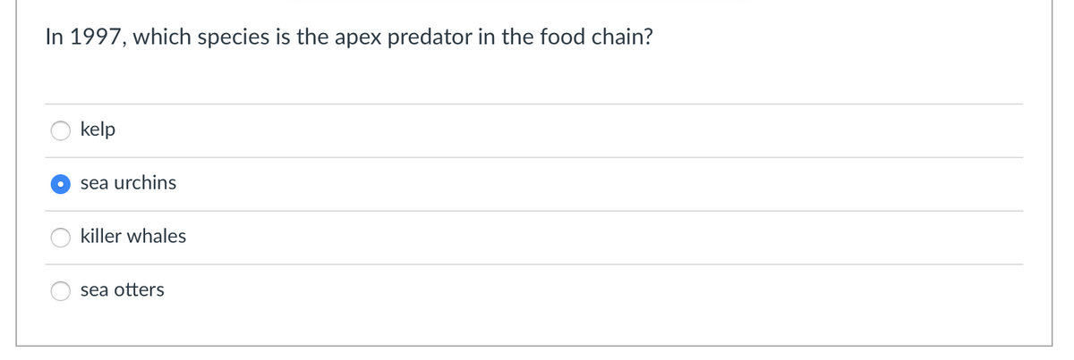 In 1997, which species is the apex predator in the food chain?
kelp
sea urchins
killer whales
sea otters
O O
