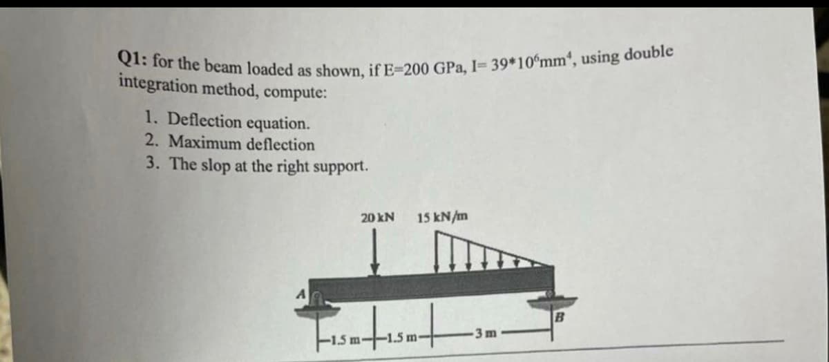 Q1: for the beam loaded as shown, if E-200 GPa, I=39*10 mm, using double
integration method, compute:
1. Deflection equation.
2. Maximum deflection
3. The slop at the right support.
15 kN/m
20 kN
-1.5 m-
3m
B